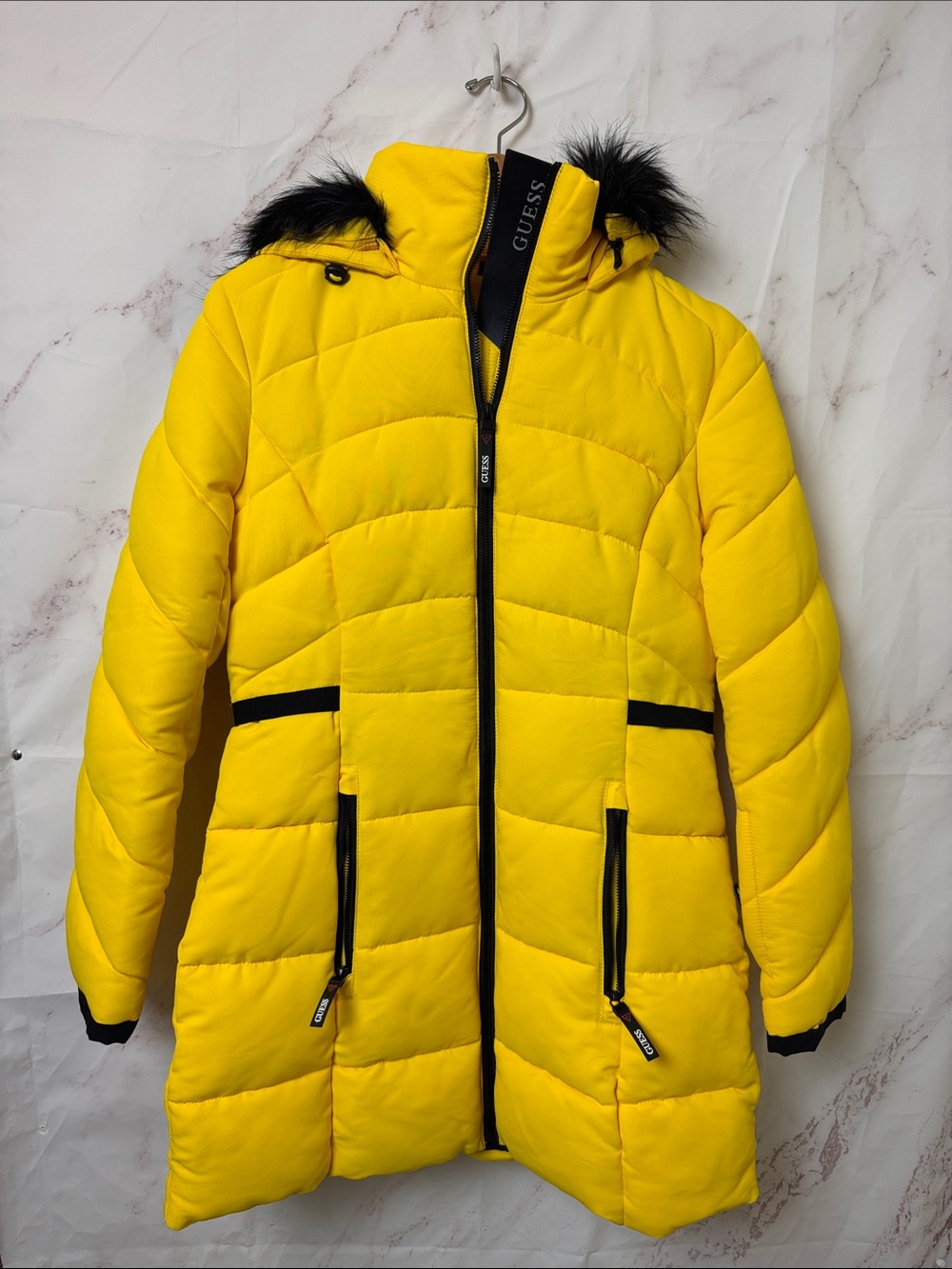 Guess Yellow Quilted Puffer Coat with Black Trim